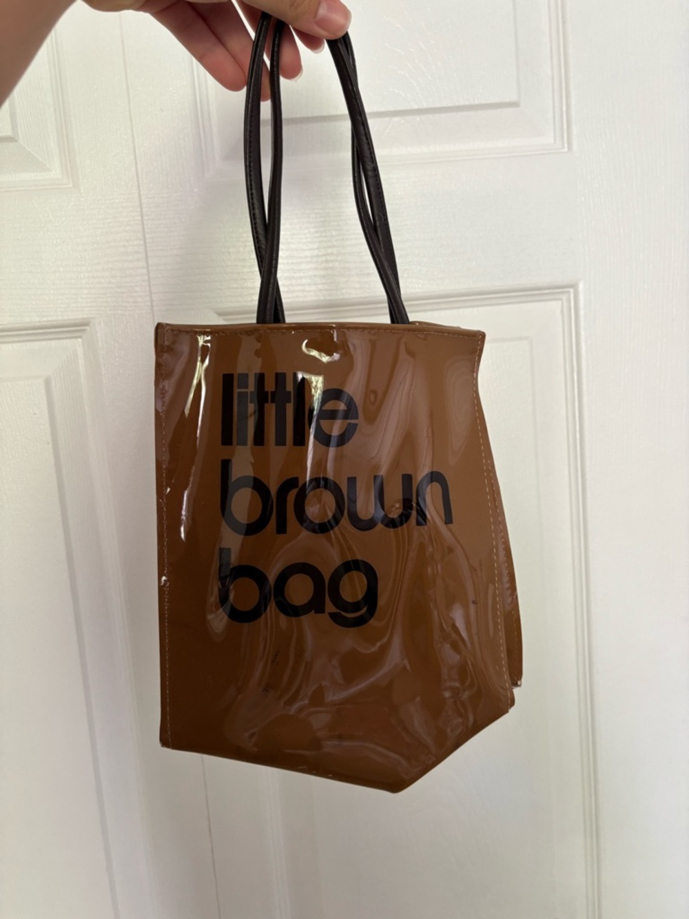 Bloomingdale's Patent Brown Mini Tote with Black Lettering